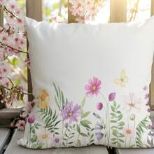 Juego de 4 fundas de almohada con estampado de flores silvestres, plantas verdes silvestres y mariposas voladoras con flores coloridas en un borde horizontal acuarelado de verano y primavera. Decoración perfecta para tu sofá, hogar, habitación, oficina, sala de estar y embellecimiento del sofá (sin relleno de almohada) con impresión unilateral.