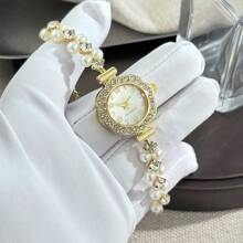 1pc Women's Fashion Quartz Watch With Double Pearl String, Rhinestone Inlaid Pull Ring, Metal Alloy Case, Arabic Numeral Dial, Elegant & Stylish For Ladies/Students - Gold - View 6
