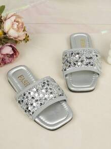 Girls Rhinestone Embellished Princess Sandals, Fashion Outdoor Wear Beach Slippers, Summer Style - Silver - View 2