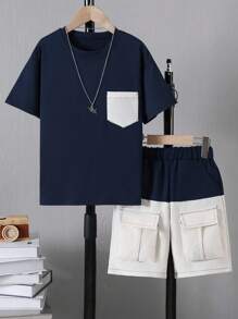 2pcs/Set Tween Boy Daily Casual Fashion Contrast Color Pocket Short Sleeve Tee And Contrast Color Patchwork Cargo Shorts Set, Spring Summer - Navy Blue - View 1