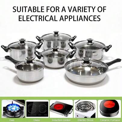 12pcs Stainless Steel Pot With Handle Set, Soup Pot, Milk Pot, Frying Pan, Kitchen Cooking Utensils, Kitchen Utensils, Pot Set