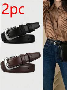 2pcs Women Simple And High-Grade Silver Buckle Leather Belt, Student Youth Decoration Korean Version S Belt Summer, School Fall, Autumn, Halloween - Multicolor - View 2