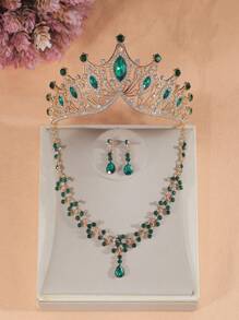 Set de 4 piezas de joyería para niñas con collar y aretes con corona de rhinestone, accesorios de disfraz para fiesta infantil, también es un gran regalo de cumpleaños para una amiga pequeña