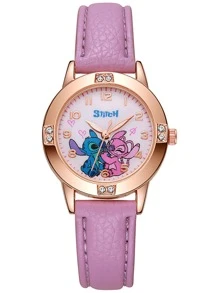 Sanrio Montre en acier de haute qualité avec diamants, motif Stitch de Disney, pour dame/fille. Montre-bracelet à quartz pour filles