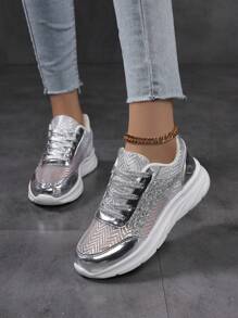 2025 New Women Casual Sneakers, Platform Thick Sole Non-Slip Wear-Resistant Elegant Fashion Gold Lace Mesh Breathable Comfortable Low-Top Round Toe Lace-Up Outdoor Casual Fashionable Luminous Slip-On Versatile Women Flat Shoes