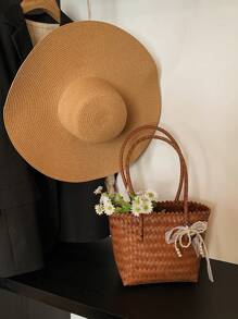 Set de 2 piezas (Bolso + Sombrero) Nuevo bolso de hombro de paja con lazo decorativo y sombrero a juego, apto para uso diario, vacaciones, viajes, playa y compras de las mujeres