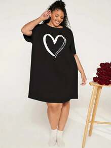 Camiseta Casual Confortável Doméstica de Verão para Mulheres Plus Size com Estampa de Coração Solta