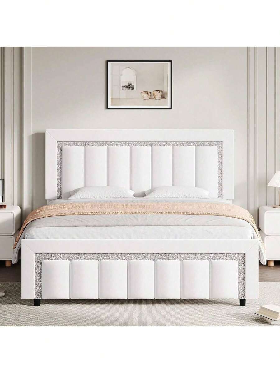 Twin/ Full/ Queen Bed Frame With Headboard, Velvet Upholstered  Bed Frame With Vertical Channel Tufted Headboard And Footboard, Soft Bed Frame With Diamond Headboard, No Box Spring Needed, Easy Assembly, Pink/ White/ Black, Twin/ Full/ Queen * Bed Frame Queen Queen Bed Frame Bed Frame Full Full Size Bed Frame King Size Bed Frame Twin Bed Frame Room Decor Home Decor Christmas Decor Bedroom Decor Valentine Day Decor Storage Living Room Decor Furniture House Decor - 白色 - 查看 1