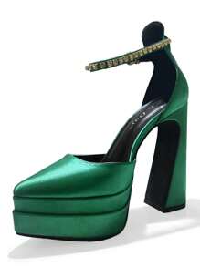 Women's Thick Sole Fashionable Buckle Design High Heel Sandals, Suitable For Party Occasions - Green - View 2