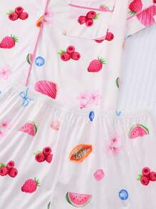 Two-Piece Fruit Print Pajamas For Women, Casual And Comfortable Short-Sleeved Shirt And Shorts Set, Women's Pajamas - 白色 - 查看 6