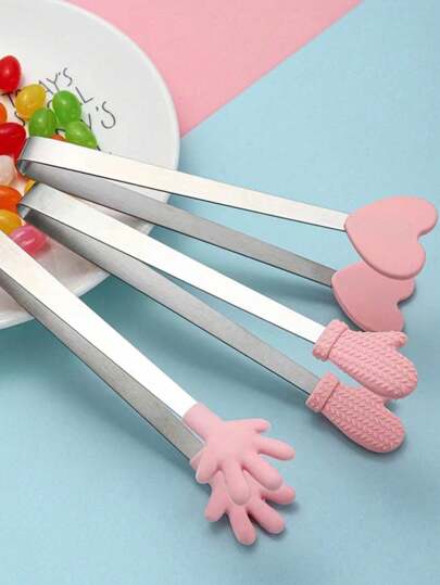 1 Set Of 3pcs Stainless Steel & Silicone Ice Cube, Food, Snack, Cake, Chip Clips With 1pc Cute Pink Palm Shaped Clip And Stainless Steel Ice Bucket Set