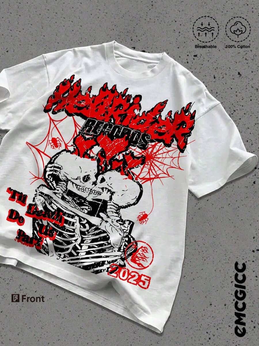 Y2K,HellRider,Skeleton, Kiss, Romance To Death....Fashionable Cotton Men's T-Shirt, Multi-Color Optional, Surprise Gift For Friends And Family, Christmas Drop Shoulder Sleeves Round Neck - White - View 1