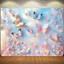 1pc Polyester Butterfly & Pink Flower Wall Backdrop, Dreamlike Photography Background, Electricity-Free, Easy To Hang, Suitable For Indoor And Outdoor Decor