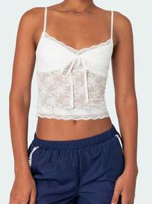 Women's Lace Cami Tops Sleeveless Spaghetti Strap Tie-Up Front Floral Cropped Camisole Shirts - 白色 - 查看 1