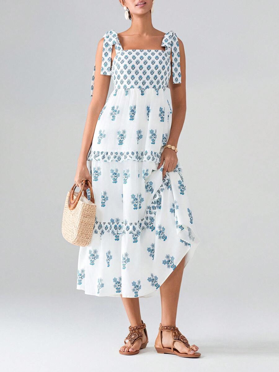 Women's Flower Tie Strap Dress A-Line Square Neck Tiered Ruffled Long Tank Dress For Party Club - 藍色 - 查看 1