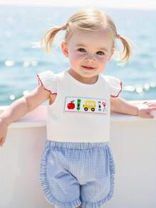 2Pcs Toddler Girl Summer Outfits Ruffle Sleeve Embroidery Tops + Plaid Shorts Set Kids Clothes