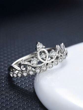 1 pieza Anillo de corona de circonita cúbica, joyería de lujo elegante color dorado, accesorio de boda estiloso para mujer, regalo exquisito