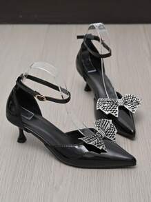 Women's Pointed Toe High Heels, Decorated With Bow, Rhinestones, Single-Strap, Closed Heel, Hollowed-Out Side Design, Suitable For Daily Wear, Commuting, Outdoor, Office, School, Party, Gala, Banquet, Formal Occasions, High-End, Elegant And Luxurious, Can Be Worn All Year Round, Available In Black And Brown