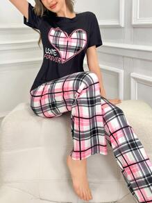 2 Stücke Damen Sommer Lässig Pyjama Set, Herz-Karomuster Kurzarm-Top und weite lange Hose