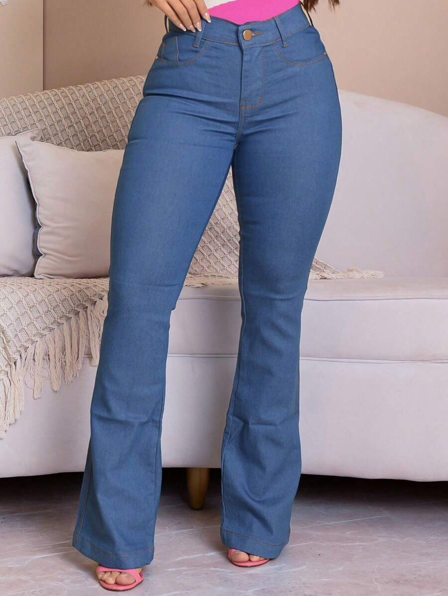 Women's Flare Jeans High Waist Butt Lifting Pants - CasualelegantBohoJeansButtonZipper - 淺藍色 - 查看 1