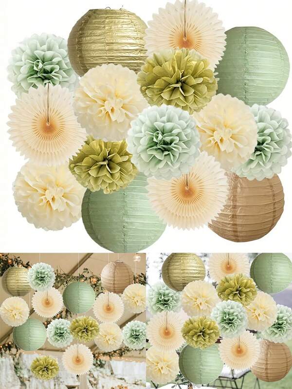 Conjunto de decoração para festa com 15 peças em verde-sálvia e dourado - lanternas de papel de 25 cm, flores de papel, leques de papel, ótimo para casamentos de verão, chás de panela, formaturas, aniversários, casamentos, festas de formatura, festas do dia a dia e feriados