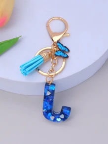 1pc Women's Initial Letter Black Butterfly Glitter Crystal Resin Epoxy Keychain With Butterfly Tassel Decor