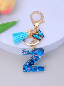 1pc Women's Initial Letter Black Butterfly Glitter Crystal Resin Epoxy Keychain With Butterfly Tassel Decor
