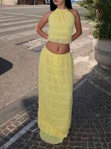 Conjunto de vestido maxi con camisola sin espalda, de gasa con volantes multicapa y encaje, elegante y romántico de 2 piezas, adecuado para Navidad, fiestas, gótico, boda y otras ocasiones - Amarillo claro - Ver 6