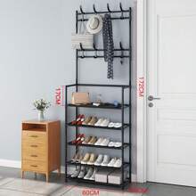 Space-Saving 5-Tier Metal Shoe & Coat Rack - Heavy-Duty 3-In-1 Organizer With 8 Hooks For Hallway, Entryway & Small Spaces, SpringCleaning - Black - View 2