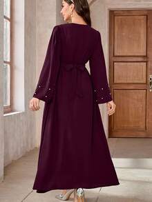 Solid Color Elegant Turkish Style Women Long Robe Dress With Pearl Decor Long Sleeve Abaya With Belt, Modest