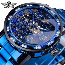 T-WINNER Winner Transparent Diamond Mechanical Watch Blue Stainless Steel Skeleton Watch Top Brand Luxury Business Luminous Male Clock