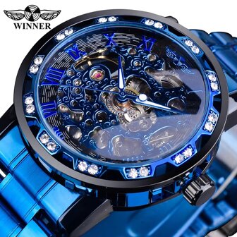 T-WINNER Winner Transparent Diamond Mechanical Watch Blue Stainless Steel Skeleton Watch Top Brand Luxury Business Luminous Male Clock