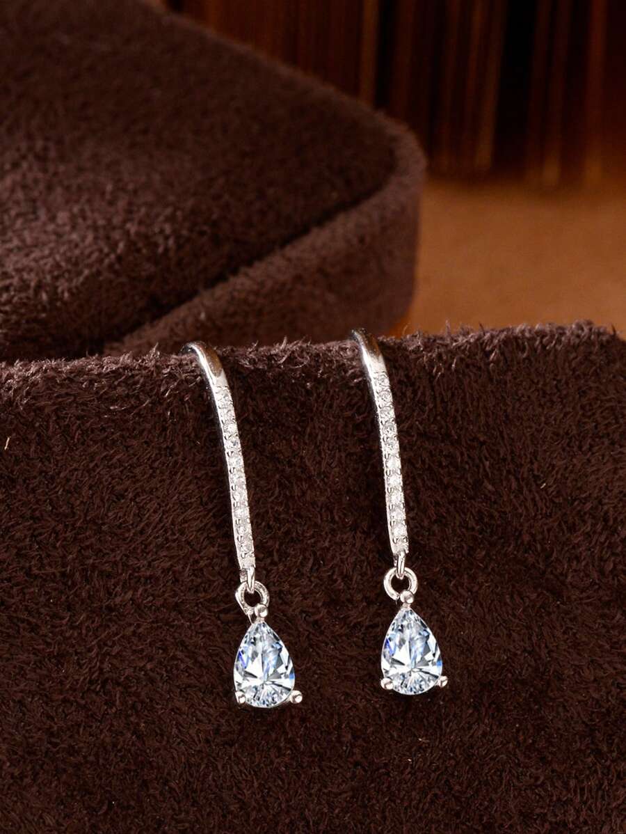 1 Pair 925 Silver Raindrop Design Earrings With Synthetic Zirconia, Personalized High Quality Jewelry Gifts For Women & Loved Ones