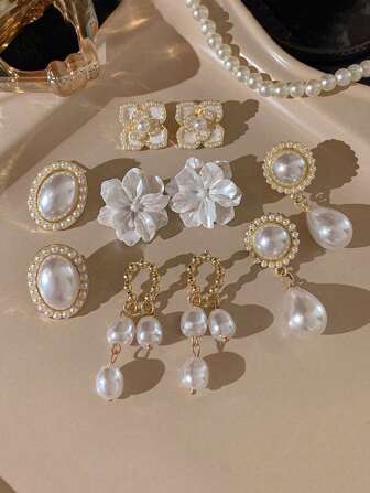 5pcs/Set Tassel Faux Pearl Flower Earrings Set, Elegant & Unique High-End Design Earrings Valentines,Mom,Mother,Mother's Day,Gift