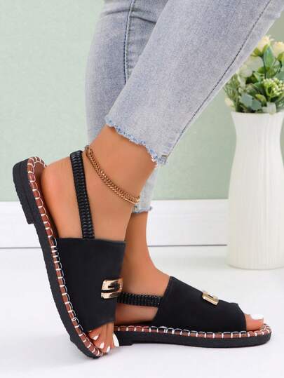 Summer New One-Toe Sandals For Women, Low Heel Flat Breathable Casual Shoes, Elastic Band Beach Slippers