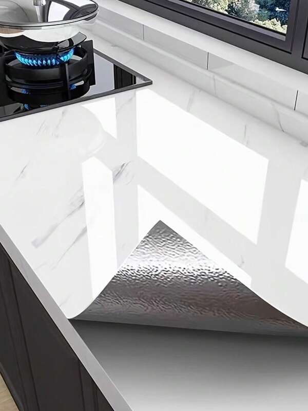 Self-Adhesive Marble Kitchen Countertop Protector - Oil & Heat Resistant, Easy Clean Aluminum Foil Backing, Quartz Stone Look For Stove Top