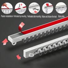 Carril multiusos de 4 en 1 Nano Silent, con soportes de instalación superior/lateral de doble cara, se puede instalar sin taladrar con adhesivo o con instalación atornillada, infinitamente extensible y recortable, aplicable para cortinas, visillos, cortinas de ducha, divisores de ambientes, armarios, roperos, accesorios de baño