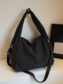 华夫格子图案大容量休闲风格女士单肩包，休闲学院风单肩斜挎包 - 黑色 - 查看 4