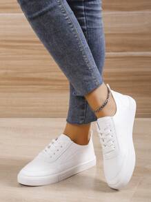 女士新款一脚蹬休闲运动鞋，白色透气厚底，配有可调节松紧带和金色水钻装饰 - 白色 - 查看 3