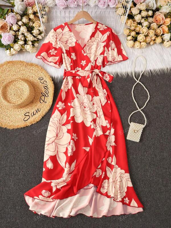 Women's V-Neck Dress, Asymmetrical Waistband Design Slimming Fashion Print
