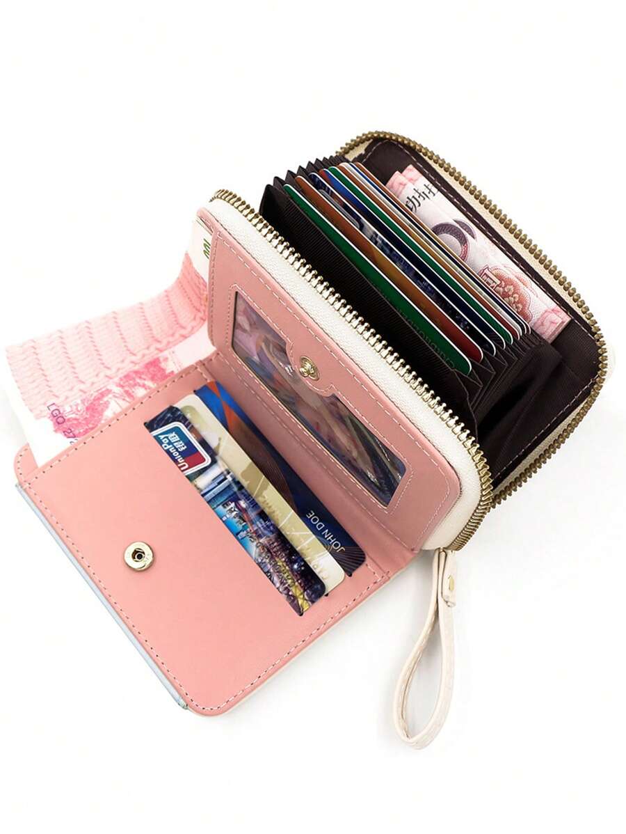 Candy Color Women's Short Wallet, Fresh Minimalist PU Colorblock Accordion Card Holder, Macaron Color Clutch Bag, Coin Purse Zipper Bag - Multicolor - View 1