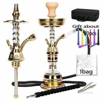 19" vattenpipsset med allt, bärbart shisha-kit med resefodral, glasvas, silikonskål, koltång, 50 vattenpipsfolier, 50 engångsvattenpipor