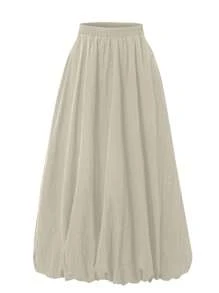 Saia Volumosa Feminina com Elástico na Cintura e Bolsos, Saia Longa Reta em Cor Sólida