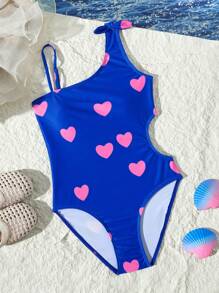 Heart Print Hollow Waist One-Piece Swimsuit, Girly Style - Multicolor - View 1