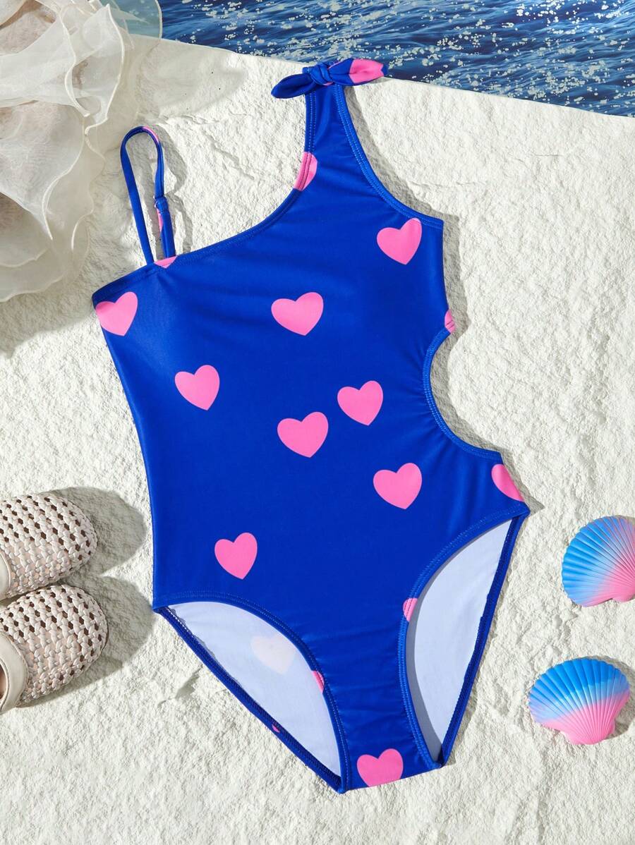 Heart Print Hollow Waist One-Piece Swimsuit, Girly Style - Multicolor - View 1