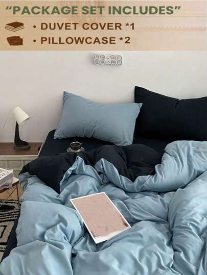 3 Pcs Light Blue & Deep Blue Dorm/Bedroom Bedding Set, Includes 1 Duvet Cover & 2 Pillow Shams, No Filling, Machine Washable, Back To School