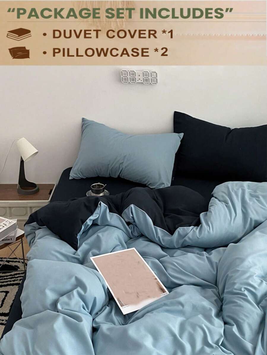 3 Pcs Light Blue & Deep Blue Dorm/Bedroom Bedding Set, Includes 1 Duvet Cover & 2 Pillow Shams, No Filling, Machine Washable, Back To School - Blue - View 1