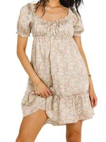 Women Summer Short Babydoll Dress Short Sleeve Sweetheart Neck A-Line Floral Dress - Multicolor - View 5