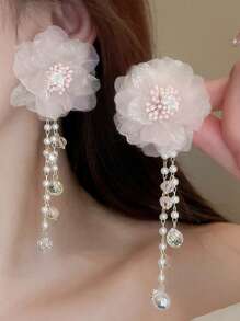 Set de 2 piezas de aretes y collar con flor de malla rosa de aguja plateada y borla de perlas falsas, diseño dulce y Charm elegante para San Valentín