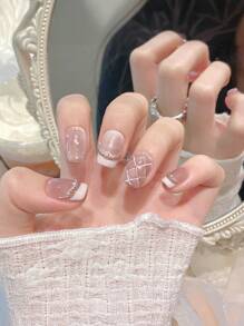 10pcs Rhombus French Pearl Pink Cat Eye Bow Handmade Nails Acrylic Press On Nails Spring Summer Nails Glitter Rhinestone Decoration Short Coffin/Extra Long Oval French Fake Nails Full Cover Nail Tips With Jelly Glue And Nail File, DIY Nail Art Supplies